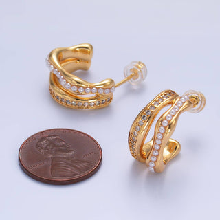 24K Gold Filled CZ Pearl Double Band C-Shaped Hoops | Q534