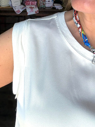 Sleeveless Woven to Knit Top Cream