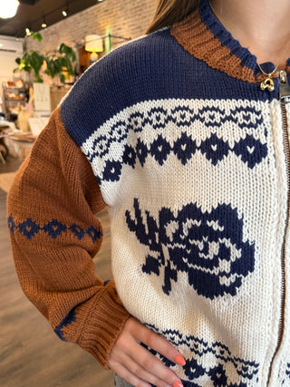 Sweet Rose Jacquard Zip Sweater