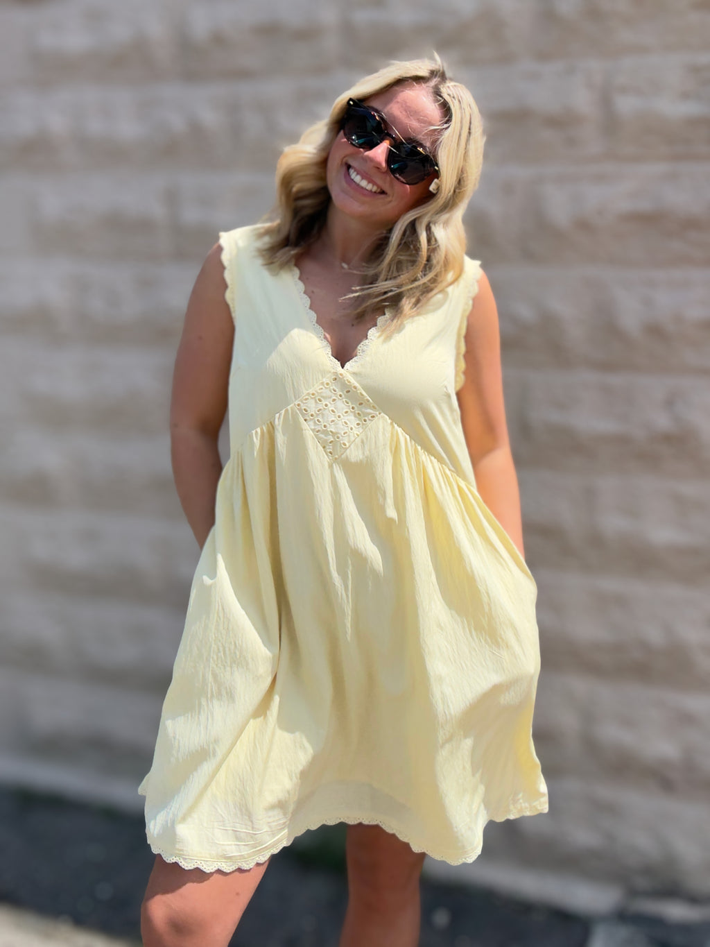 Scalloped Lace Trim Detail Babydoll Mini Dress Pale Yellow BUTTER Yellow / L