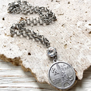 Paris France French coin necklace : Burnished silver