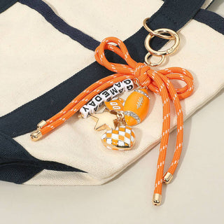 Football Themed Charm GAME DAY Message Beaded Rope Bow Accent Keychain / Bag Charm