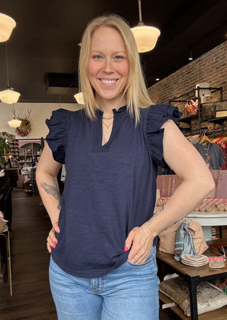 Nina Navy Flutter Sleeve Top