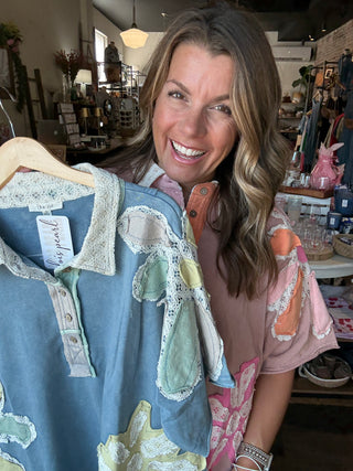 Boho Flower Patchwork Top Blue