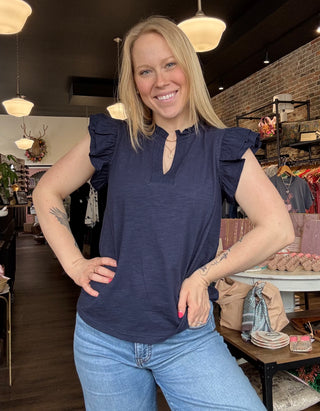 Nina Navy Flutter Sleeve Top
