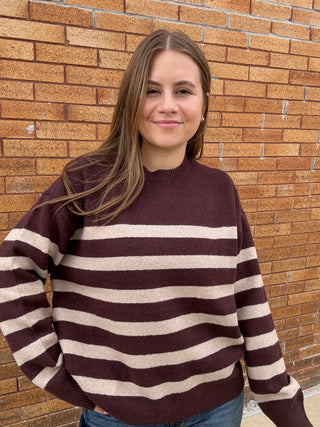Carlyle Crewneck Sweater Brown/Oat Stripe by Daze