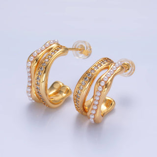 24K Gold Filled CZ Pearl Double Band C-Shaped Hoops | Q534