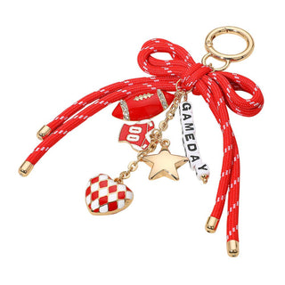 Football Themed Charm GAME DAY Message Beaded Rope Bow Accent Keychain / Bag Charm