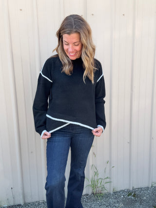 Crewneck Sweater with Tulip Hem - Black