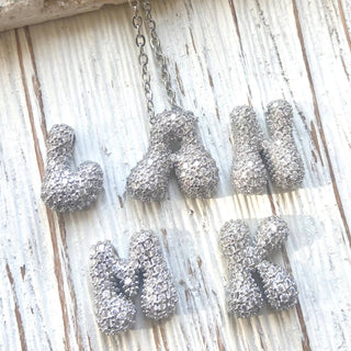 Bubble letter charm necklace crystal: Solid silver / 16” / E