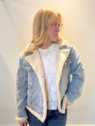 Metropolis Mid Wash Denim Jacket w/Faux Shearing Sadie & Sage