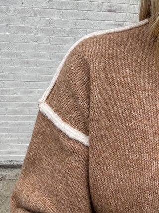 Long Sleeve Crewneck Sweater with Cream Tulip Hem - Heather Camel with Cream by Liverpool