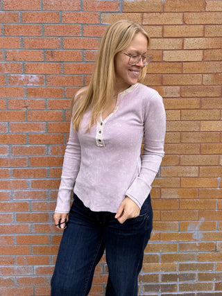 Washed Thermal Henley Top Lavender