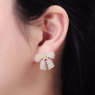 14K Gold Filled Pearl Ribbon Bow Stud Earrings