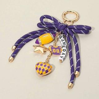 Football Themed Charm GAME DAY Message Beaded Rope Bow Accent Keychain / Bag Charm