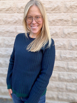 Ribbed Crewneck Sweater Navy & Emerald by Liverpool