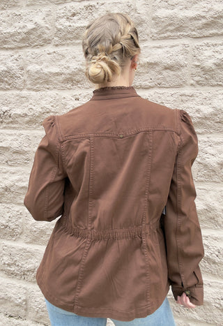 Puff Sleeve Trucker Jacket W Ruffle Collar - Carob Brown