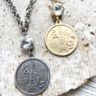 Paris France French coin necklace : Burnished silver