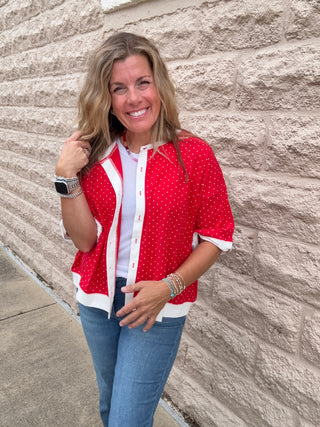 Relaxed Fit Polka Dot Button Front Top Red