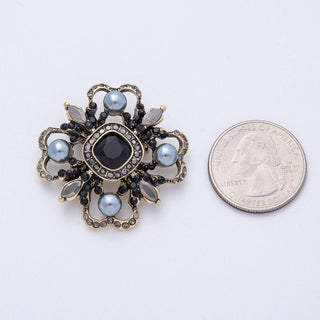Vintage Antique Gold Black, Green Rhinestone Flower Blue Black Gray Crystal Brooch Pin | BH-00006 BH-00007