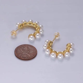 14K Gold Filled Pearl Dotted Lined C-Shaped Hoop Earrings | AE179