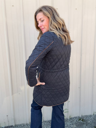 Zip Front Quilted Jacket W/ Cinched Waist - Black by Liverpool