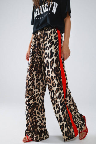 Animal Print Straight Pants With Red Stripe