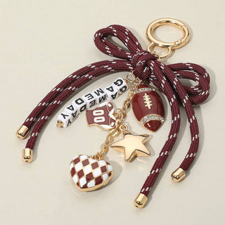 Football Themed Charm GAME DAY Message Beaded Rope Bow Accent Keychain / Bag Charm