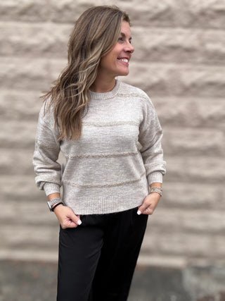 Light Oat Striped Sparkle Sweater