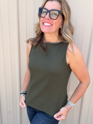 Sleeveless High Boatneck Knit Top - Hunter Green