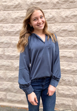 Silky Vneck French Blue Blouse by Pinch