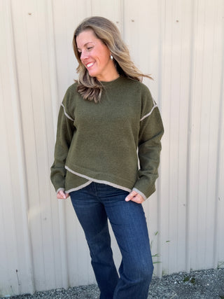 Crewneck Sweater with Tulip Hem - Olive