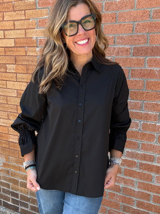Adjustable Sleeve Button Front Woven Top - Black