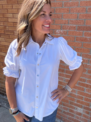 Elbow Puff Sleeve Snap Front Knit Shirt - White