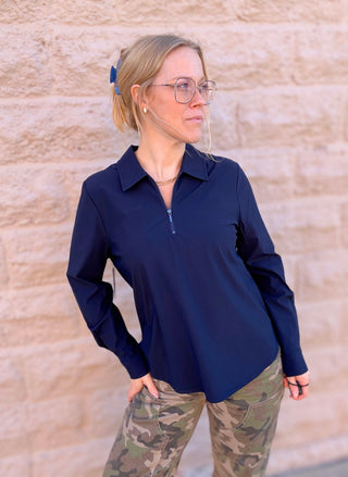 Collared Zip Front Knit Shirt by Liverpool Navy