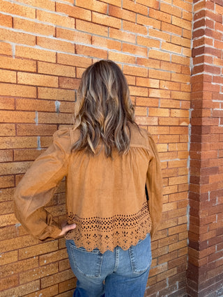 Puff Sleeve Jacket W/ Laser Cut Hem - Caramel