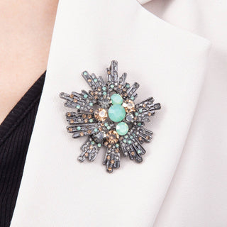 Vintage Black Gunmetal 53mm Mint Green Champagne Rhinestone Sunburst Geometric Pin Brooch | BH-00189