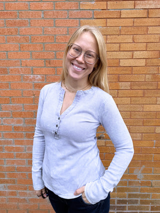 Washed Thermal Henley Top Ice Blue