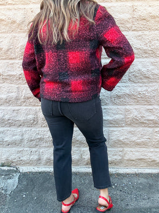 Button Front Boxy Shacket Red Check