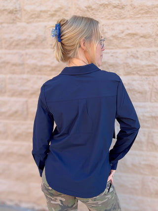 Collared Zip Front Knit Shirt by Liverpool Navy