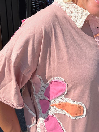 Boho Flower Patchwork Top Pink