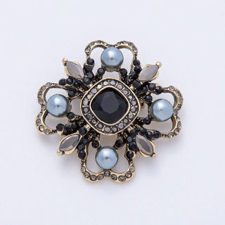 Vintage Antique Gold Black, Green Rhinestone Flower Blue Black Gray Crystal Brooch Pin | BH-00006 BH-00007