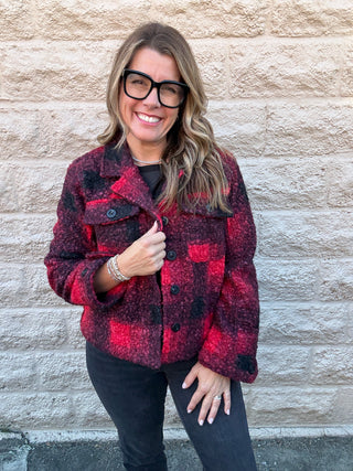 Button Front Boxy Shacket Red Check