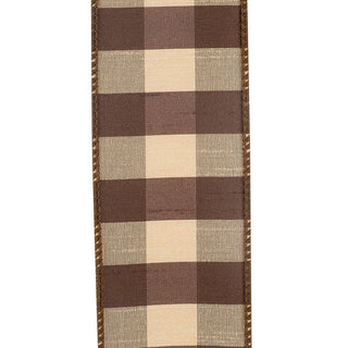 Check Silk Wired Edge Ribbon, Brown, 2-1/2 In, 10 Yards