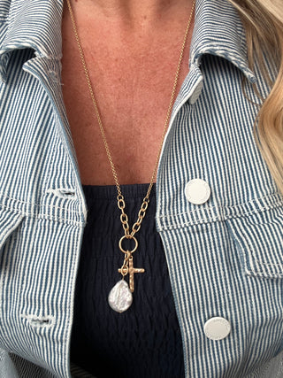 Cross and Pearl Drop Necklace