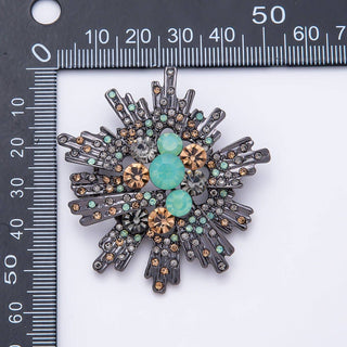 Vintage Black Gunmetal 53mm Mint Green Champagne Rhinestone Sunburst Geometric Pin Brooch | BH-00189