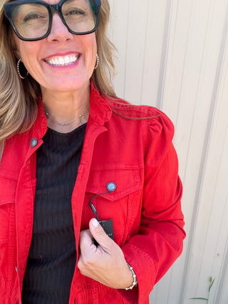 Puff Sleeve Trucker Jacket W Ruffle Collar - Sundance Red