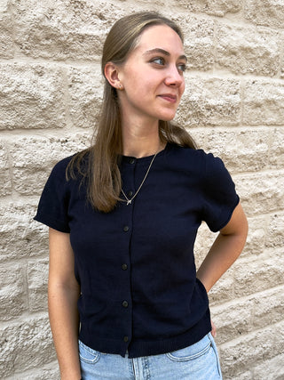 Yessenia Short Sleeve Navy Cardigan by Another Love