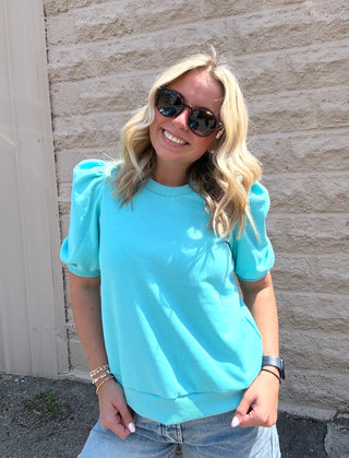 Crew Neck Short Puff Sleeves Knit Top Peacock Blue