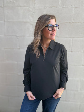 Collared Zip Front Knit Shirt by Liverpool Black